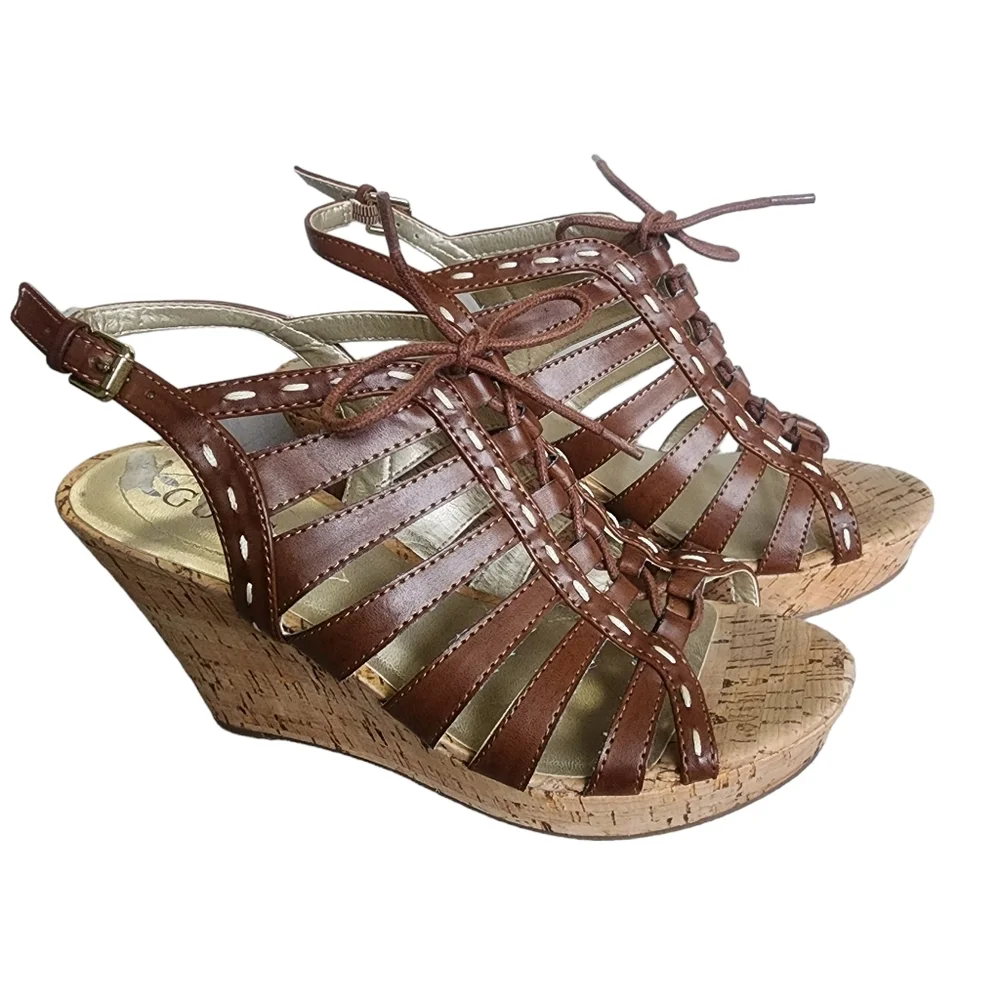 Guess Brown Gladiator Lace Up Cut Out Slingback Platform Wedge Heels size 7.5